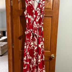 Red & White Floral Maxi - Sleeveless Romper Tie-Waist